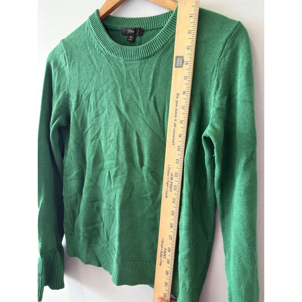 J Crew Sweater Womens XS Green Ruffle Bell Sleeve Crewneck Lightweight Knit